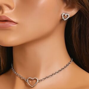 Silver Tone Heart Charm Necklace & Heart Stud Earrings, Women’s Fashion Jewelry